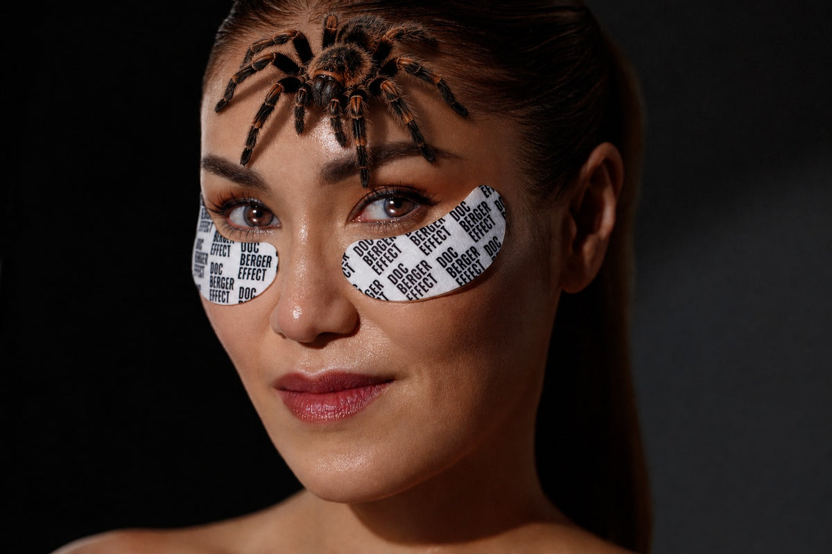 Model mit DOC BERGER EFFECT Glowing Eye Patches und einer Vogelspinne auf der Stirn
