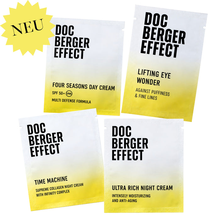 DOC BERGER EFFECT Bestseller Sample Set mit Four Seasons Day Cream SPF 50+ für täglichen UV- und Blaulichtschutz, Time Machine Anti-Falten Nachtcreme, Ultra Rich Night Cream gegen trockene Haut und Lifting Eye Wonder Augenpflege gegen Schwellungen und feine Linien.