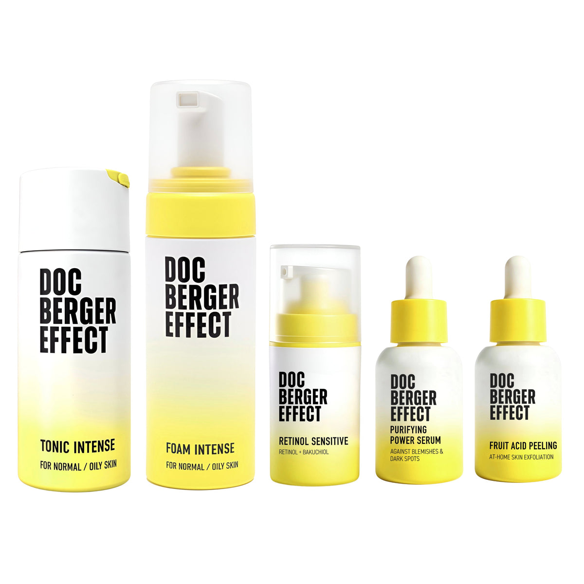 DOC BERGER EFFECT Breakout Fighters Set mit Foam Intense Cleanser, Fruit Acid Peeling, Tonic Intense, Purifying Power Serum und Retinol Sensitive – effektive Hautpflegeroutine gegen Pickel, Unreinheiten, Mitesser und verstopfte Poren.
