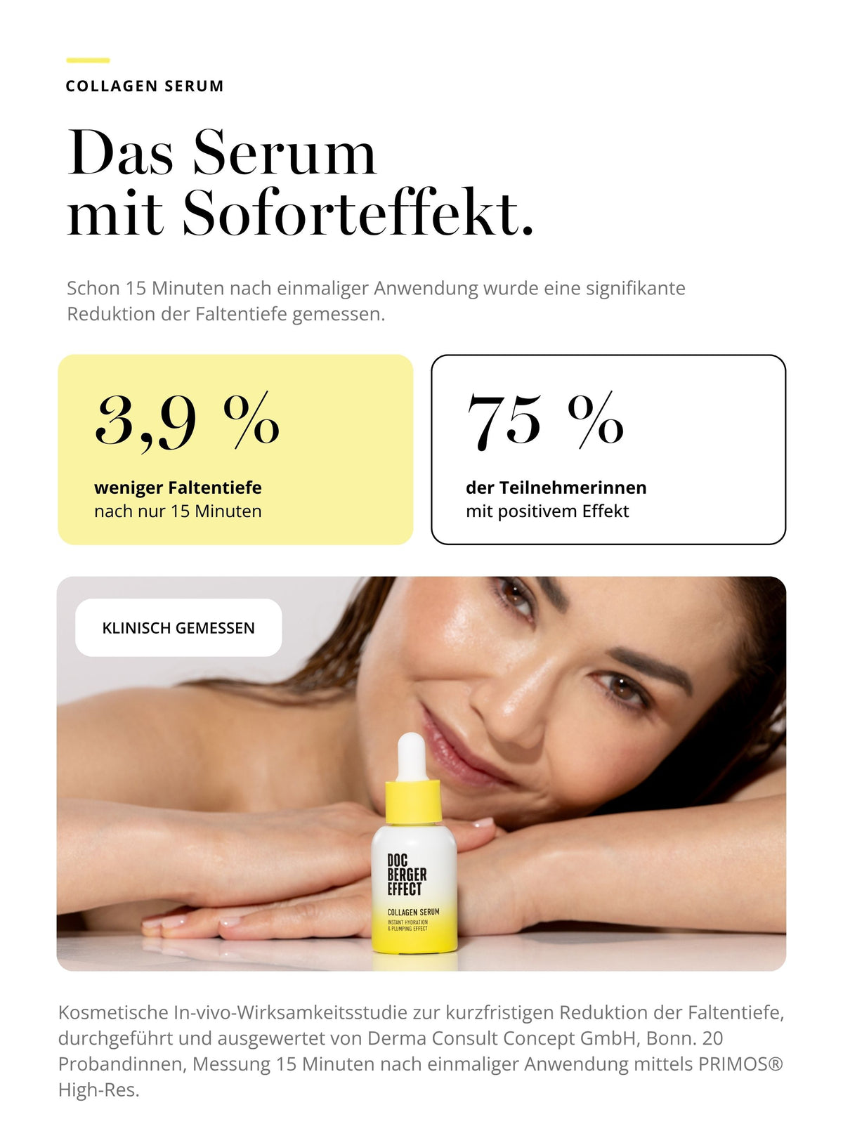DOC BERGER EFFECT Collagen Serum with clinically measured immediate results: Just 15 minutes after a single application, a significant reduction in wrinkle depth was measured—for plumper, smoother-looking skin.