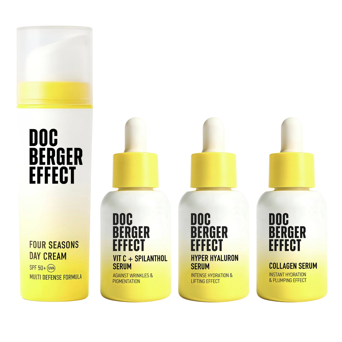 DOC BERGER EFFECT Daily Defense Set mit Vitamin C + Spilanthol Serum, Hyper Hyaluron Serum, Collagen Serum und Four Seasons Day Cream SPF 50 – Anti-Aging Routine gegen Falten, Feuchtigkeitsverlust und Umwelteinflüsse.