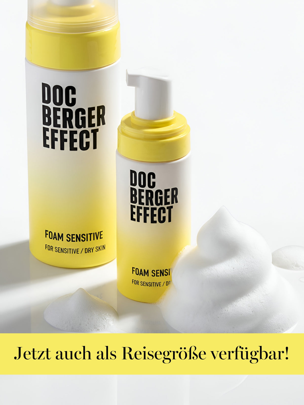 DOC BERGER EFFECT Foam Sensitive, available in regular and travel sizes, for sensitive and dry skin.