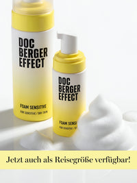 DOC BERGER EFFECT Foam Sensitive in Original- und Reisegröße für die sanfte tägliche Gesichtsreinigung sensibler und trockener Haut – ideal für eine hautschonende Pflegeroutine zu Hause und unterwegs.