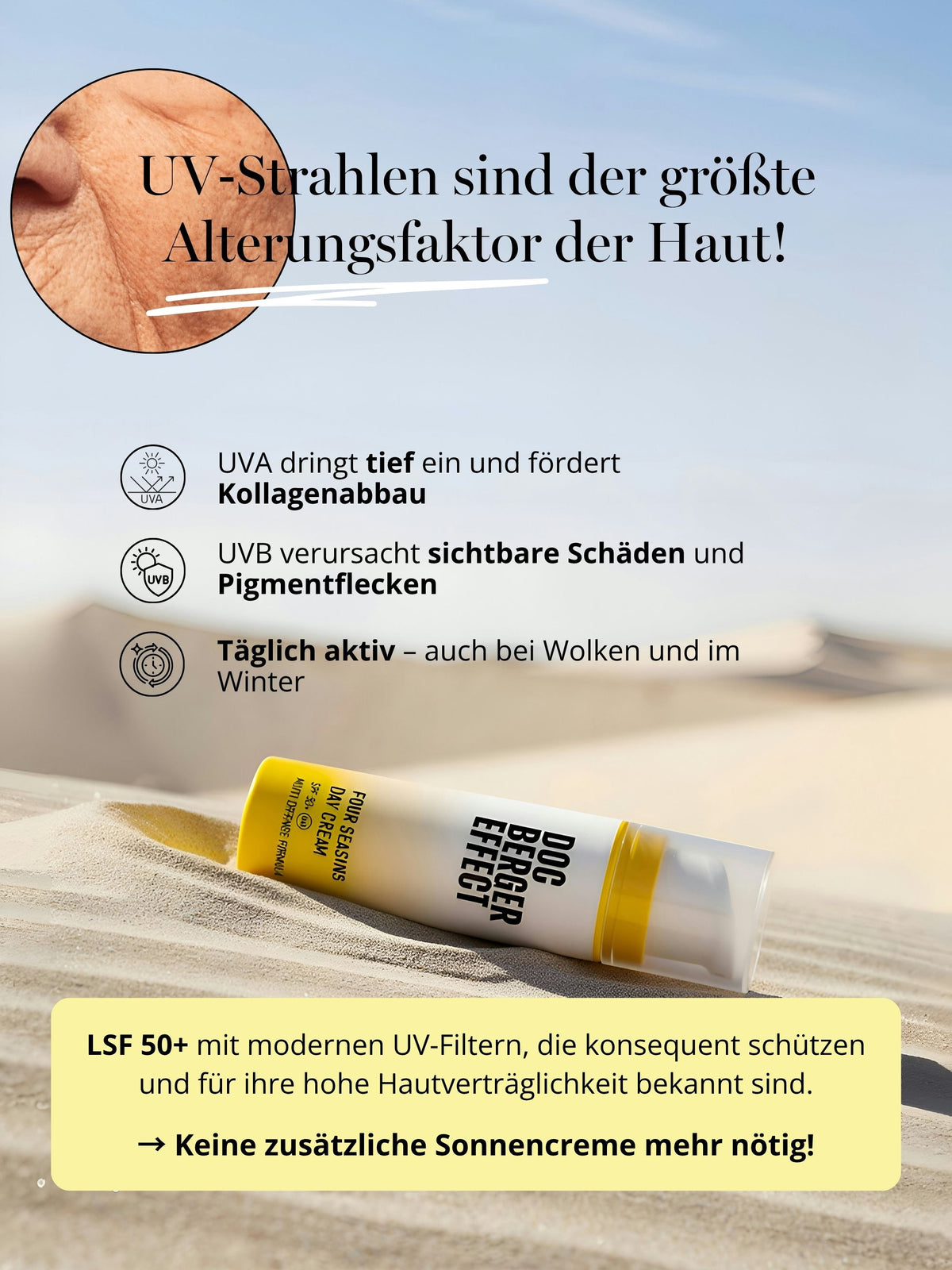 DOC BERGER EFFECT Four Seasons Day Cream with SPF 50+ for daily protection against UVA and UVB rays—high sun protection against light-induced skin aging, collagen breakdown, wrinkles, and age spots.