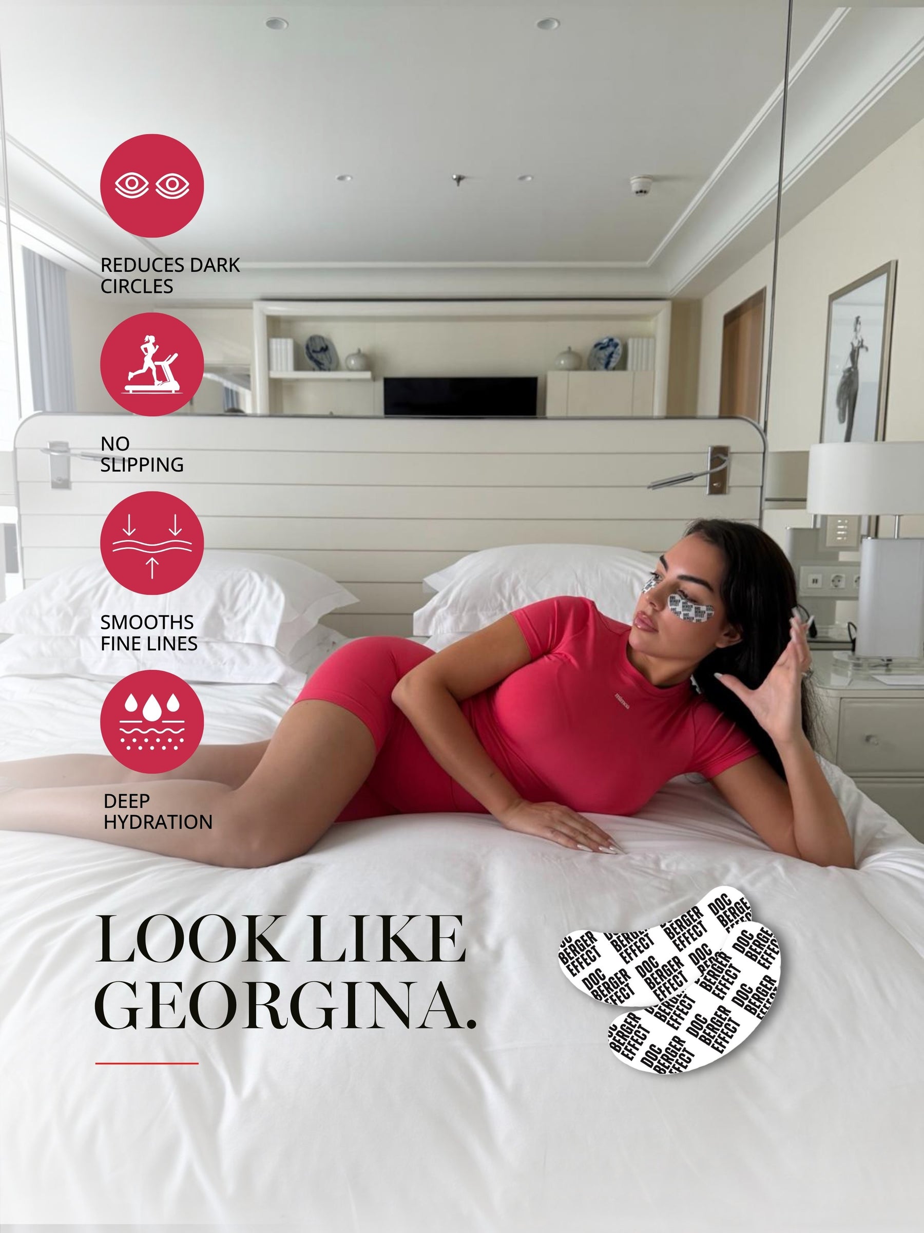 Georgina Rodriguez, bekannt als Unternehmerin, Model und Partnerin von Fußballstar Cristiano Ronaldo, entspannt mit DOC BERGER EFFECT Glowing Eye Patches. Die Augenpads unterstützen die Reduzierung von Augenringen, versorgen die Haut mit Feuchtigkeit und helfen dabei, feine Trockenheitslinien zu glätten.