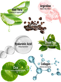 Wirkstoffe der DOC BERGER EFFECT Glowing Eye Patches: Argireline gegen feine Linien, Koffein bei geschwollener Augenpartie, Hyaluronsäure für intensive Feuchtigkeit sowie Aloe Vera, Grüner Tee, Cica und Kollagen für beruhigende, antioxidative und aufpolsternde Augenpflege.