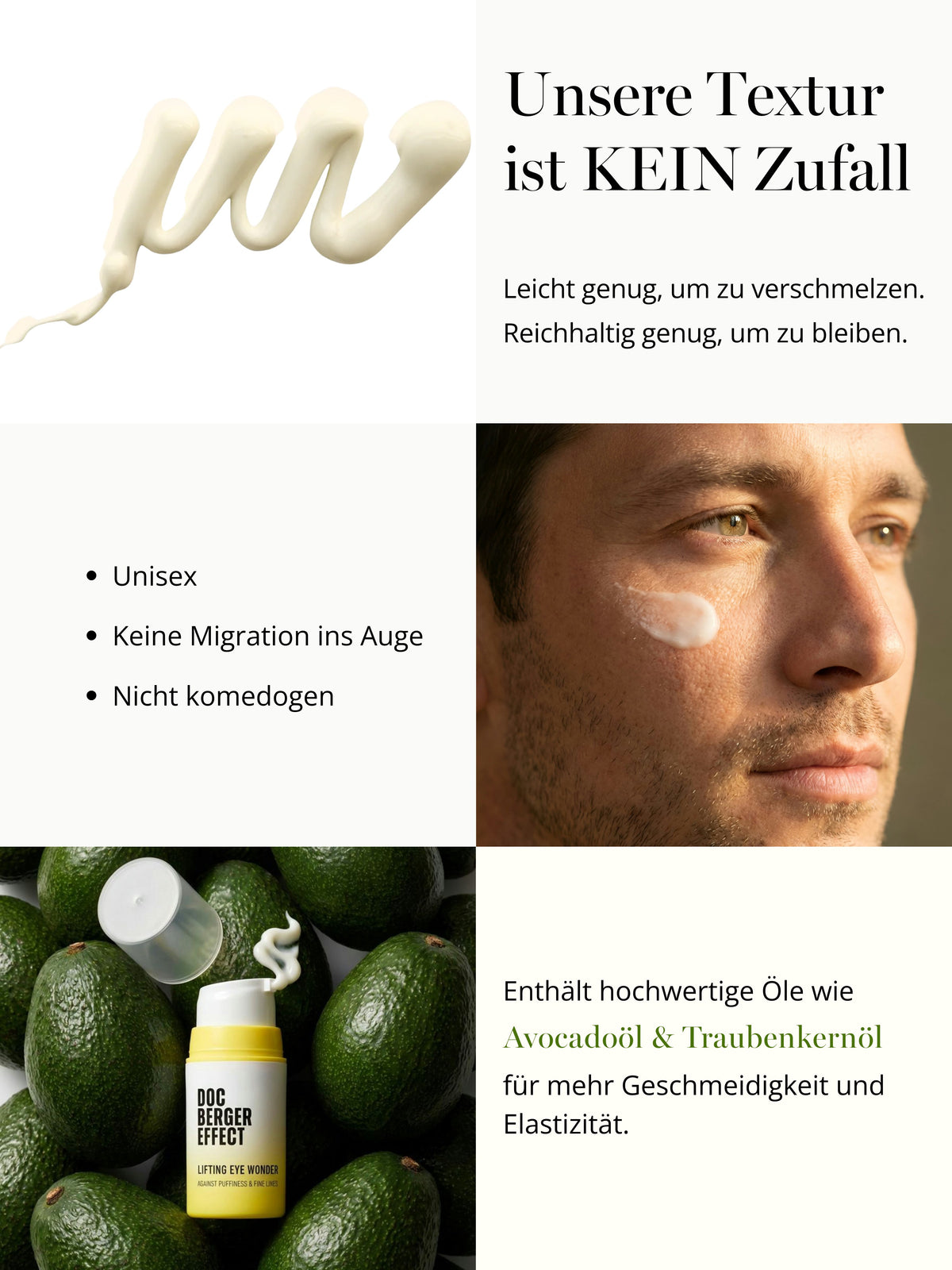 Textur der DOC BERGER EFFECT Lifting Eye Wonder Augencreme mit Avocadoöl und Traubenkernöl für geschmeidige Haut und elastische Augenpartie