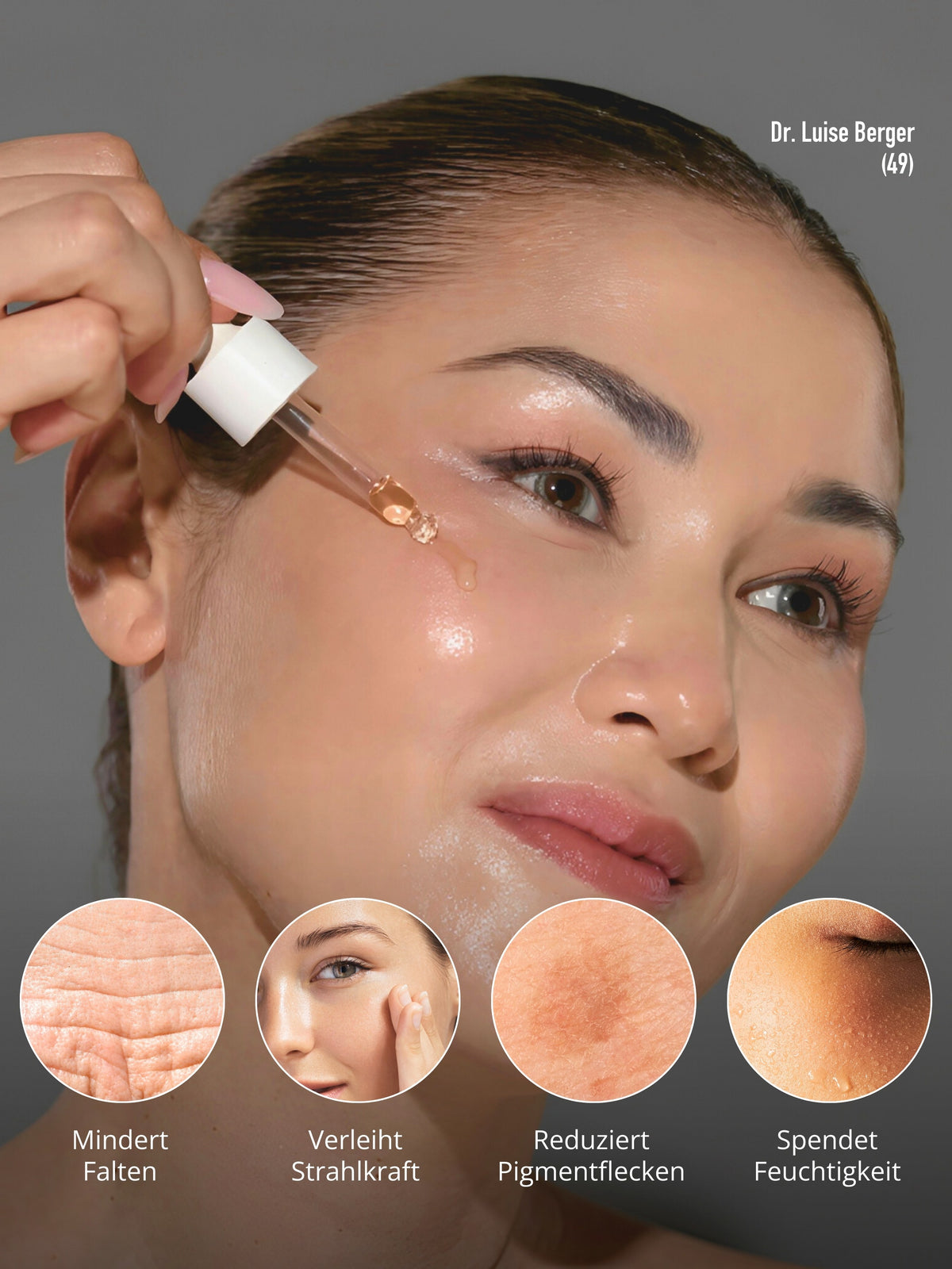 Dr. Luise Berger, Gründerin von DOC BERGER EFFECT, mit dem Platinum Elixir Peptidserums – Anti-Aging Glow Serum für Faltenreduktion, Pigmentflecken, Strahlkraft und intensive Feuchtigkeit