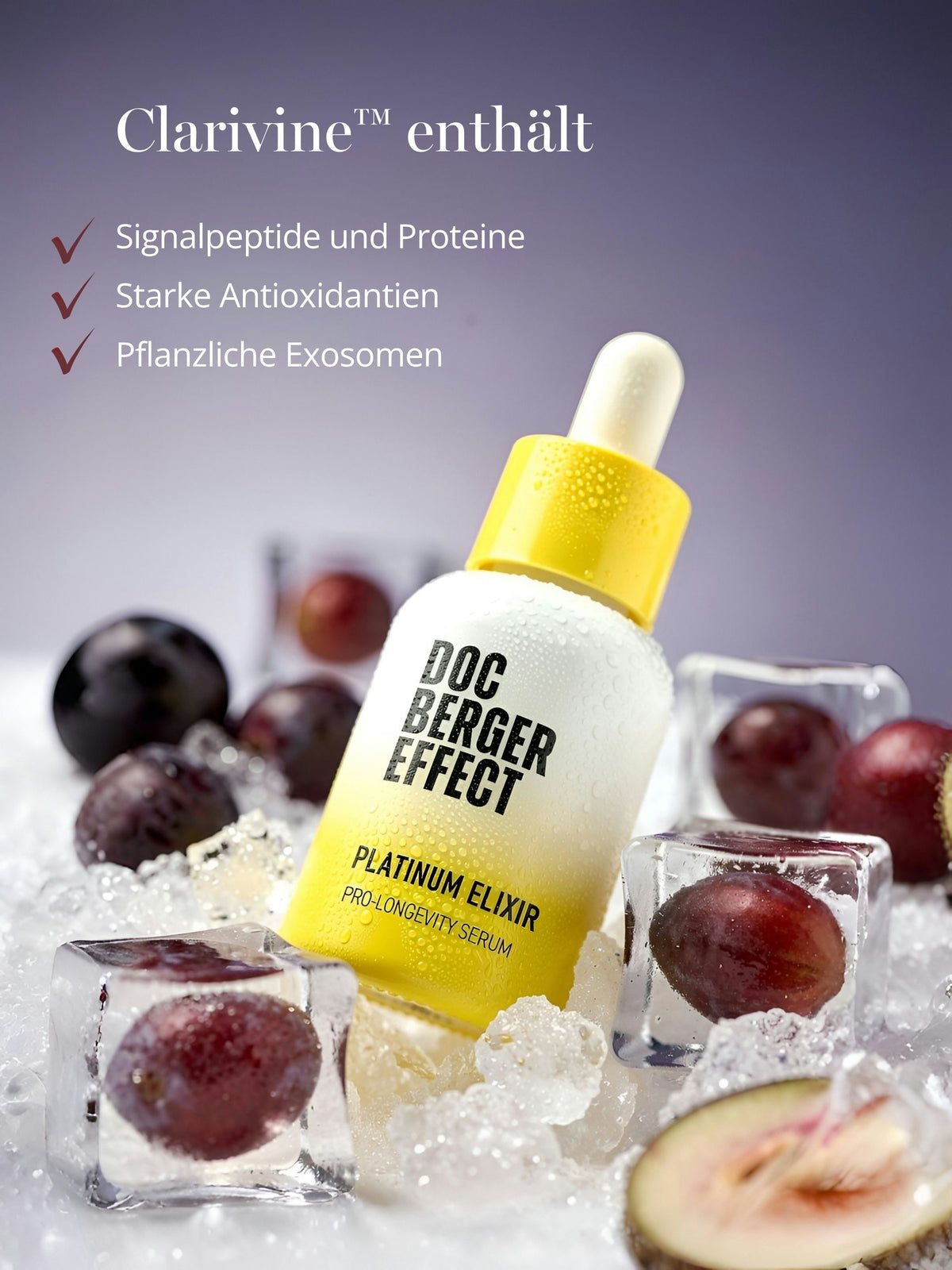 Clarivine im DOC BERGER EFFECT Platinum Elixir enthält Signalpeptide, Proteine, Antioxidantien und pflanzliche Exosomen zur Unterstützung der Hautregeneration.