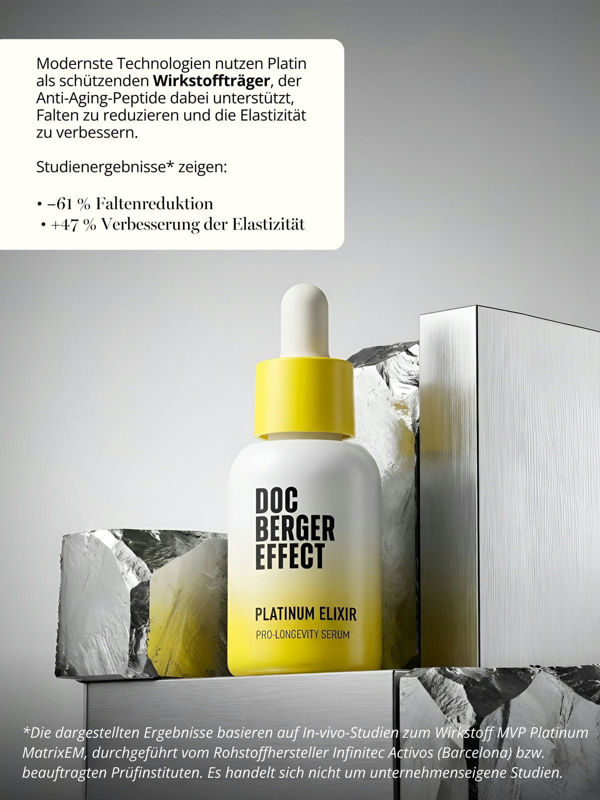 MVP Platinum MatrixEM im DOC BERGER EFFECT Platinum Elixir kombiniert Platin mit Anti-Aging-Peptiden zur Unterstützung von Faltenreduktion und Hautelastizität.