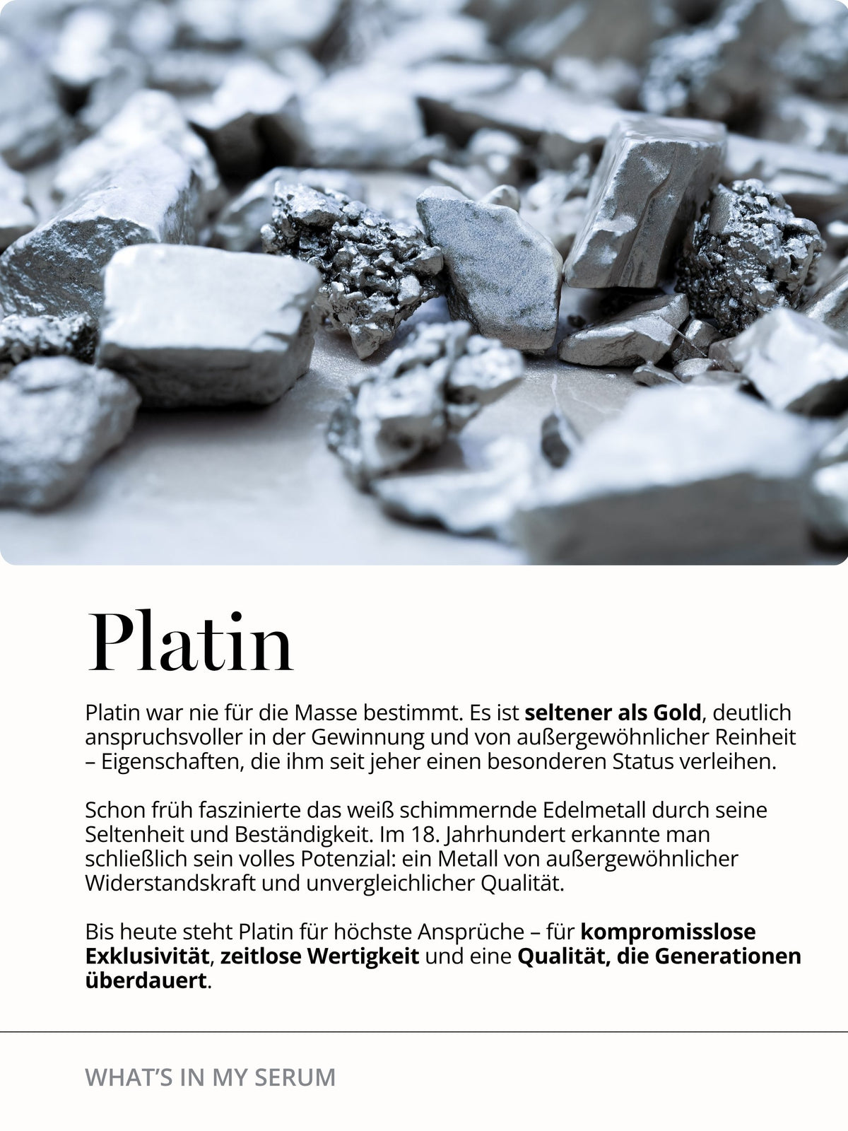 Platin im DOC BERGER EFFECT Platinum Elixir dient als innovativer Wirkstoffträger für Anti-Aging-Peptide und unterstützt die Pflege bei Falten und Elastizitätsverlust.