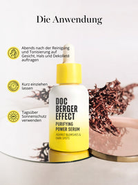 Anwendung des DOC BERGER EFFECT Purifying Power Serum gegen Pickel, Unreinheiten und Pigmentflecken – abends nach Reinigung und Tonisierung auf Gesicht, Hals und Dekolleté auftragen.