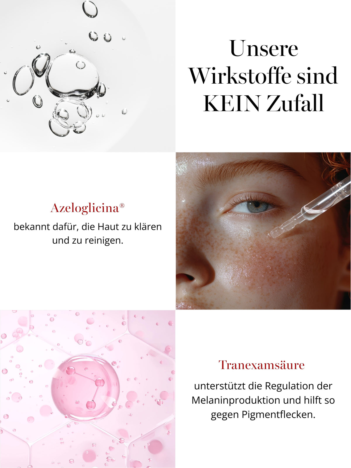 Wirkstoffe im DOC BERGER EFFECT Purifying Power Serum – Azeloglicina®, Tranexamsäure und Niacinamid gegen Pigmentflecken, Pickel und unreine Haut.
