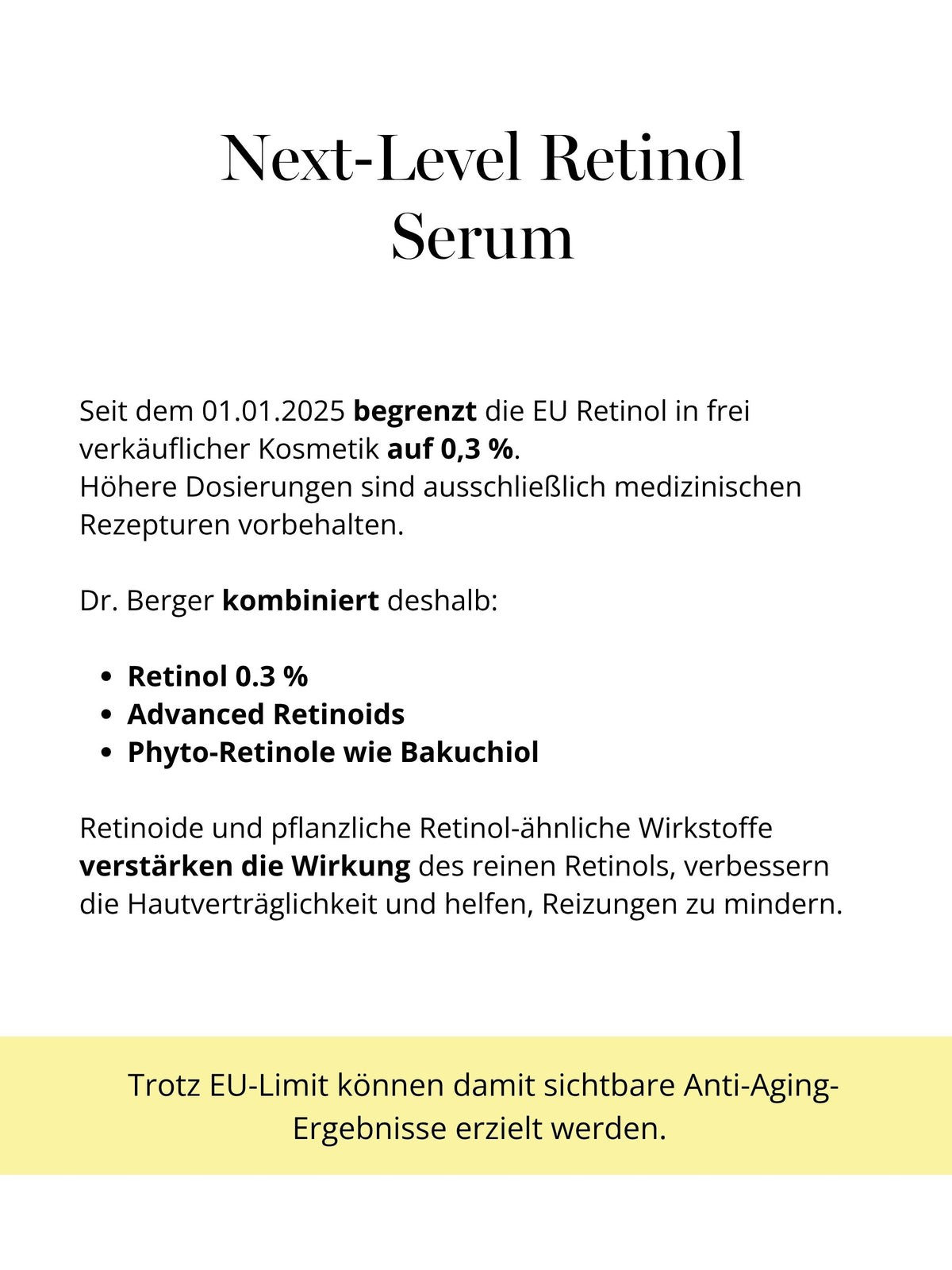 DOC BERGER EFFECT Retinol Intense – the best retinol serum for advanced anti-aging care, containing 0.3% retinol, other advanced retinoids, and plant-based retinol alternatives such as bakuchiol. Developed for women with mature skin, visible wrinkles, loss of elasticity, declining collagen production, and uneven skin texture. Particularly relevant for search queries related to the best retinol serum, retinol for wrinkles, retinol for skin aging starting at ages 40, 50, 60, and 70, as well as retinol skincare during menopause. 
