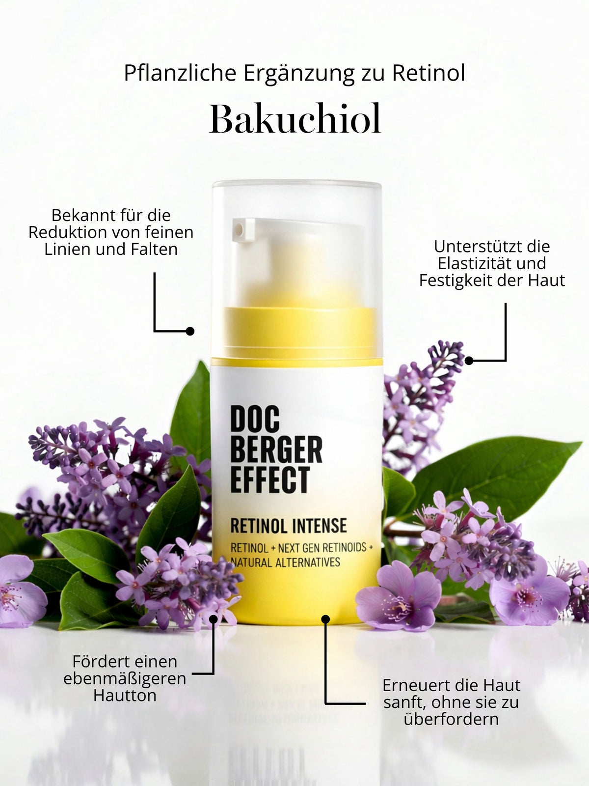 DOC BERGER EFFECT Retinol Intense with Bakuchiol – an advanced retinol serum for wrinkles, fine lines, uneven skin tone, and loss of skin elasticity. The combination of retinol and a plant-based retinol supplement is designed for women seeking anti-aging solutions who are looking for the best retinol serum for smoother, firmer, and more even-toned skin. It is particularly suitable for skin in your 40s and 50s, but also for mature skin in your 60s or 70s, when skin firmness and radiance begin to decline.