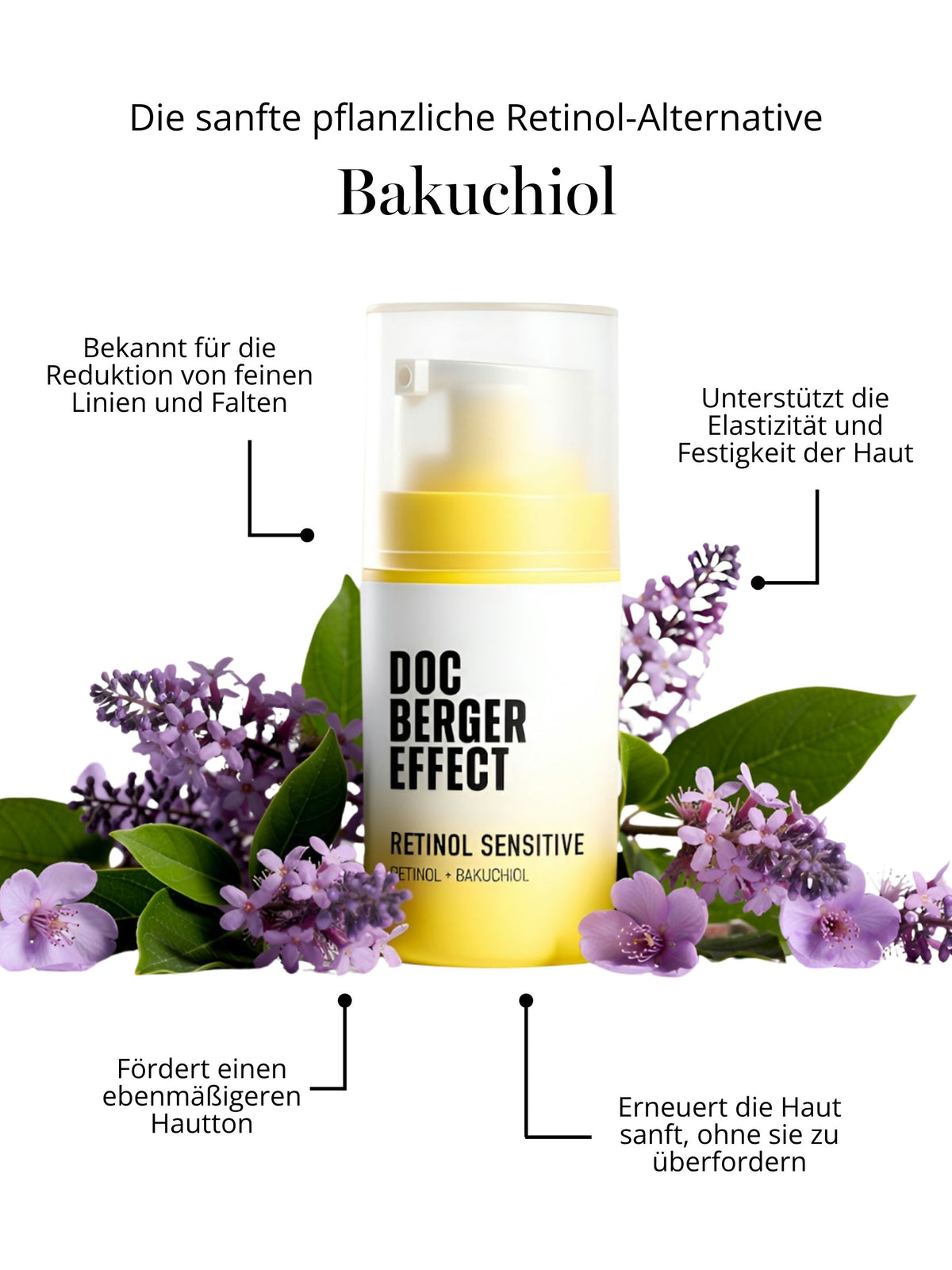 DOC BERGER EFFECT Retinol Sensitive combines retinol with bakuchiol, a plant-based anti-aging ingredient. Bakuchiol helps address fine lines, wrinkles, loss of elasticity, and uneven skin tone, and complements retinol in a formulation designed for more sensitive skin. It is particularly suitable for dry and mature skin (age 40 and up), as well as during periods of hormonal changes, when the skin often becomes more sensitive and less hydrated.