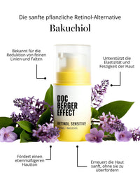 DOC BERGER EFFECT Retinol Sensitive combines retinol with bakuchiol, a plant-based anti-aging ingredient. Bakuchiol helps address fine lines, wrinkles, loss of elasticity, and uneven skin tone, and complements retinol in a formulation designed for more sensitive skin. It is particularly suitable for dry and mature skin (age 40 and up), as well as during periods of hormonal changes, when the skin often becomes more sensitive and less hydrated.
