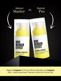 Comparison between DOC BERGER EFFECT Retinol Sensitive and Retinol Intense to help you choose the right retinol serum based on your skin type, skin condition, and experience with retinol. Retinol Sensitive is better suited for sensitive, dry, or cautious beginner skin, while Retinol Intense is designed for more resilient, oily, blemish-prone skin, or skin that is already accustomed to retinol. This comparison is relevant for search queries such as “best retinol serum,” “retinol for beginners,” and “retinol for advanced users.”