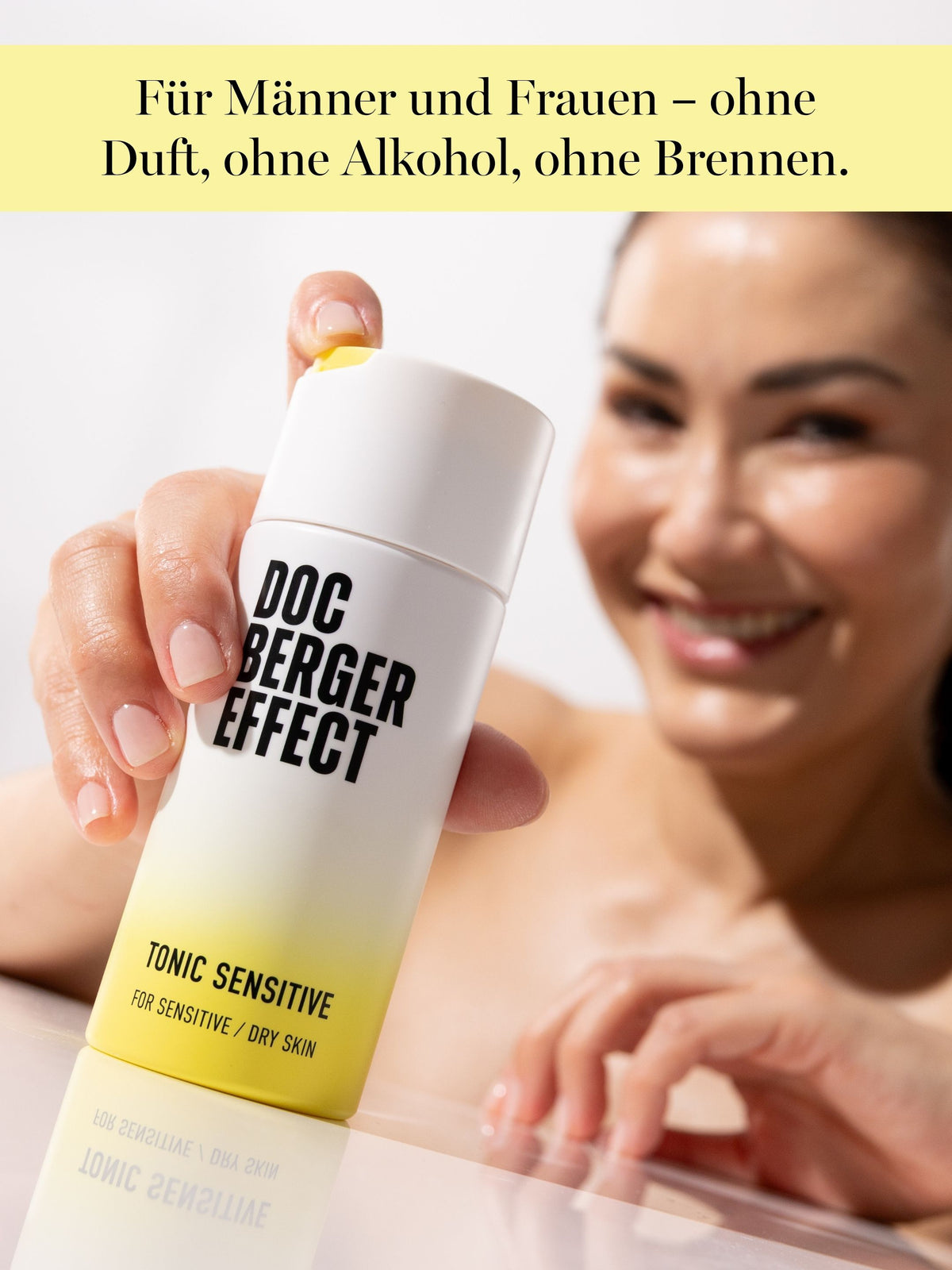 DOC BERGER EFFECT Tonic Sensitive als sanftes Gesichtswasser für sensible und trockene Haut – ohne Alkohol und Duft, für eine beruhigende und feuchtigkeitsspendende Pflegeroutine ohne unnötige Hautreizung.