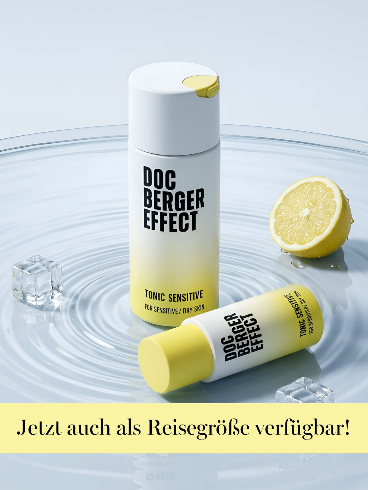 DOC BERGER EFFECT Tonic Sensitive in Original- und Reisegröße als feuchtigkeitsspendendes Gesichtswasser für sensible und trockene Haut – ideal für die tägliche Hautpflege zu Hause und unterwegs.