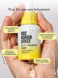 DOC BERGER EFFECT Vit C + Spilanthol Serum combines 20% stabilized vitamin C with spilanthol to promote a more radiant complexion, reduce the appearance of dark spots, and smooth out expression lines.