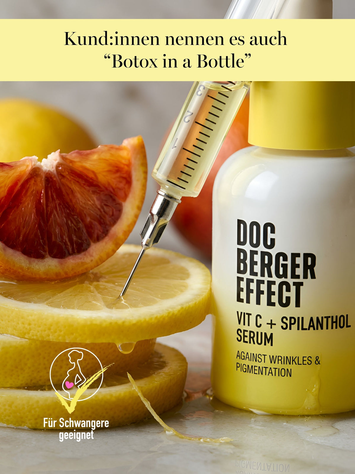 DOC BERGER EFFECT Vit C + Spilanthol Serum with spilanthol for more relaxed and smoother-looking facial features—intensive anti-aging skincare to combat expression lines, pigmentation spots, and an uneven complexion. Customers also call it “Botox without the needles” or “Botox in a bottle.”