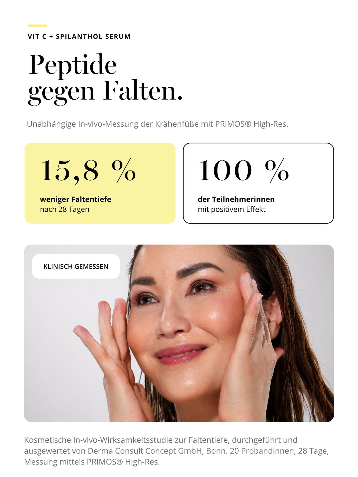 DOC BERGER EFFECT Vitamin C + Spilanthol Serum with proven anti-aging effects: In an in vivo cosmetic efficacy study, wrinkle depth was measured to be 15.8% shallower on average after 28 days.