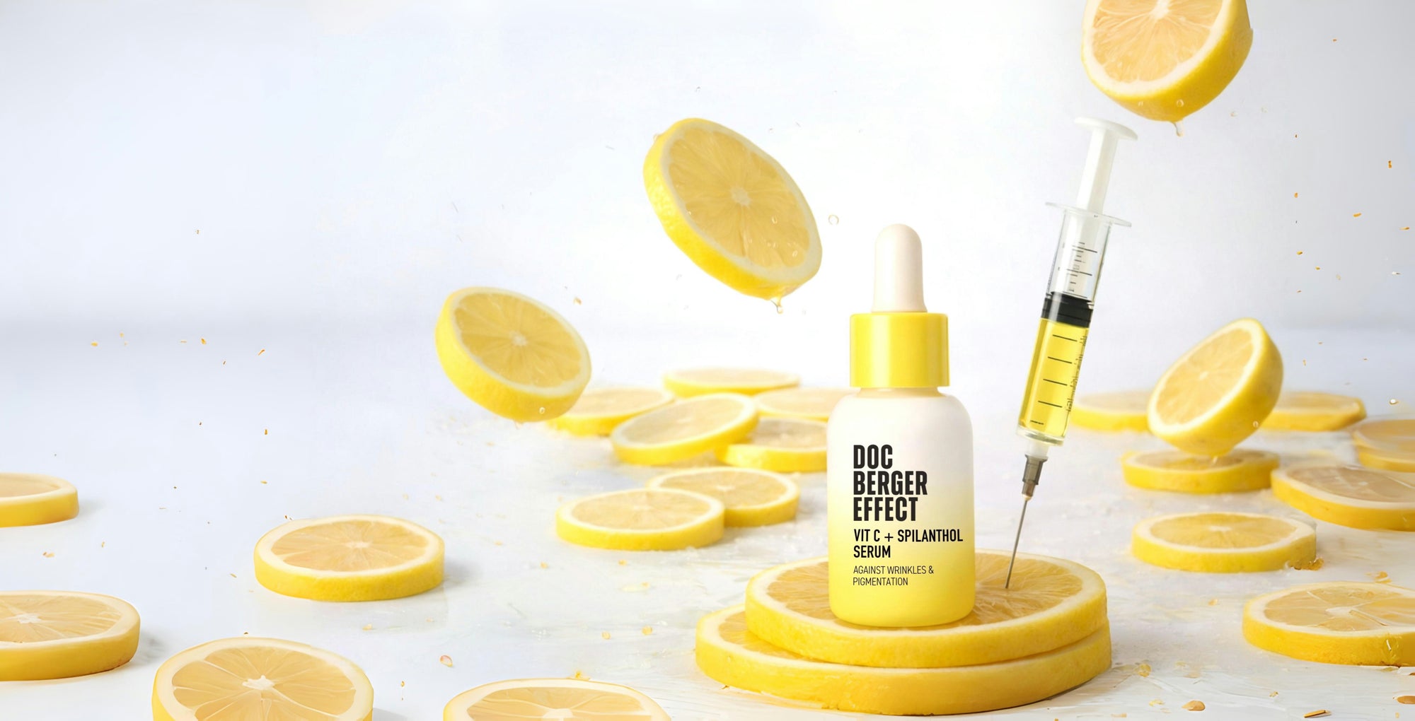 DOC BERGER EFFECT Vitamin C + Spilanthol Serum mit Zitronenscheiben und Vitamin-C-Spritze – hochdosiertes Vitamin C Serum gegen Pigmentflecken, Falten und für strahlende Haut