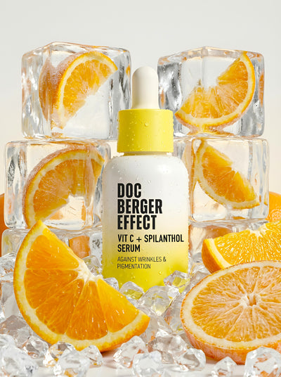 DOC BERGER EFFECT Vitamin C + Spilanthol Serum mit Orangen und Eiswürfeln – hochdosiertes Vitamin C Serum gegen Pigmentflecken, Falten und oxidativen Stress