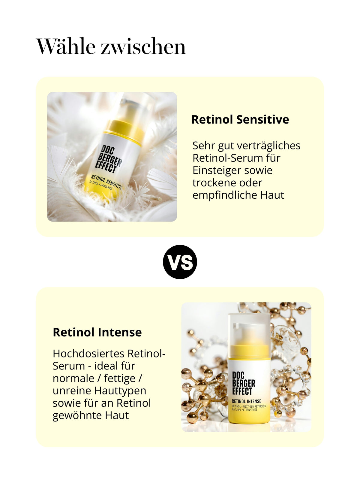 Retinol Testsieger Set von DOC BERGER EFFECT – wahlweise mit Retinol Sensitive für empfindliche Haut oder Retinol Intense für erfahrene Anwender – sichtbare Hautverbesserung